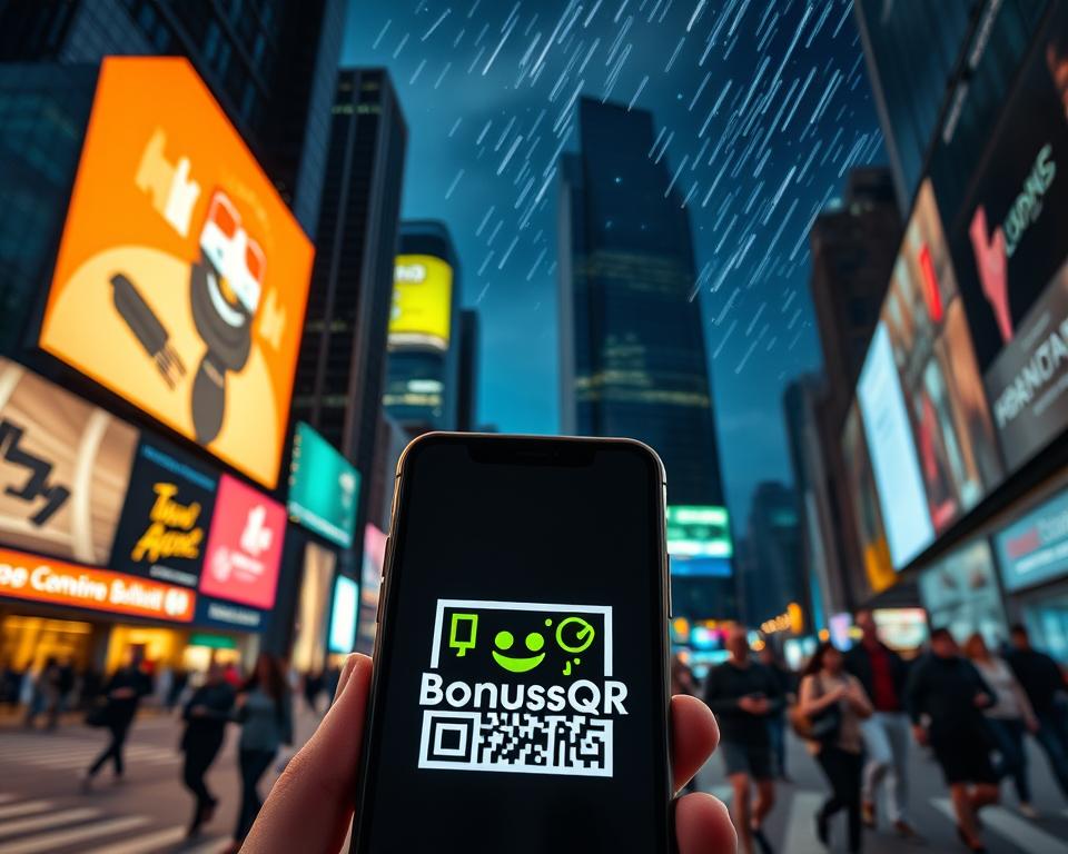 A modern cityscape with towering skyscrapers, neon-lit billboards, and bustling streets. In the foreground, a smartphone screen displays the BonusQR logo, its bold design and vibrant colors standing out against the urban backdrop. The screen casts a warm glow, hinting at the convenience and connectivity of digital loyalty programs. The middle ground features people hurrying through the city, their faces illuminated by the glow of their devices, symbolizing the integration of technology into everyday life. In the background, a night sky fills with shooting stars, representing the limitless potential of digital transformation. Lighting is cinematic, with dramatic shadows and highlights, captured through a wide-angle lens to emphasize the grand scale of the scene.