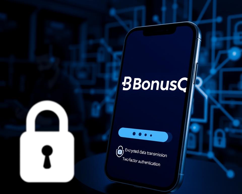 A modern, secure mobile app interface with the BonusQR brand logo prominently displayed. In the foreground, a padlock icon and information about encrypted data transmission and two-factor authentication. In the middle ground, a user interacting with the app, their identity and personal data protected by privacy safeguards. In the background, a subtle network of digital security protocols and firewalls, ensuring the app's reliability and trustworthiness. The overall mood is one of confidence, transparency, and a commitment to safeguarding user privacy and data. A modern, secure mobile app interface with the BonusQR brand logo prominently displayed. In the foreground, a padlock icon and information about encrypted data transmission and two-factor authentication. In the middle ground, a user interacting with the app, their identity and personal data protected by privacy safeguards. In the background, a subtle network of digital security protocols and firewalls, ensuring the app's reliability and trustworthiness. The overall mood is one of confidence, transparency, and a commitment to safeguarding user privacy and data.