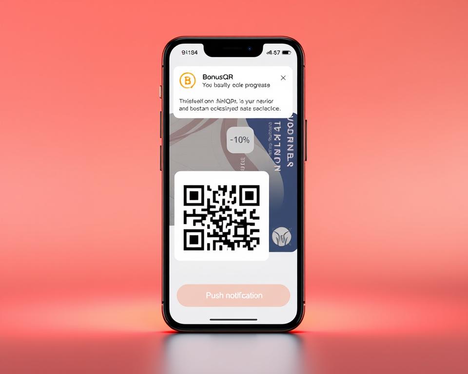 A sleek and modern digital wallet interface with a prominent push notification icon, showcasing the BonusQR loyalty program. The wallet displays a QR code, credit card-like designs, and intuitive user controls, all set against a minimalist, gradient-infused background. Subtle lighting accentuates the interface's clean lines and elegant aesthetics, creating a visually compelling and user-friendly digital experience that engages customers and boosts loyalty.