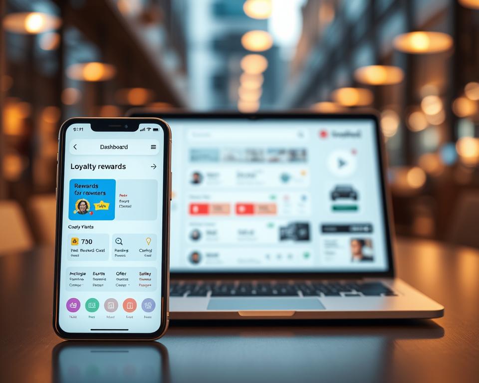 A sleek and modern loyalty rewards app interface, featuring a clean and intuitive dashboard. The foreground displays a mobile device with the app's home screen, showcasing a visually appealing layout of user rewards, points, and customizable offers. The middle ground depicts a tablet or laptop, mirroring the mobile app's design and functionality. The background sets an immersive scene, with a blurred cityscape or office environment, conveying a sense of professionalism and technological integration. Warm lighting and a subtle depth of field create a polished, high-quality aesthetic that aligns with the "digital loyalty solutions" theme. The overall image should inspire confidence in the app's capabilities to enhance customer engagement and business growth. A sleek and modern loyalty rewards app interface, featuring a clean and intuitive dashboard. The foreground displays a mobile device with the app's home screen, showcasing a visually appealing layout of user rewards, points, and customizable offers. The middle ground depicts a tablet or laptop, mirroring the mobile app's design and functionality. The background sets an immersive scene, with a blurred cityscape or office environment, conveying a sense of professionalism and technological integration. Warm lighting and a subtle depth of field create a polished, high-quality aesthetic that aligns with the "digital loyalty solutions" theme. The overall image should inspire confidence in the app's capabilities to enhance customer engagement and business growth.
