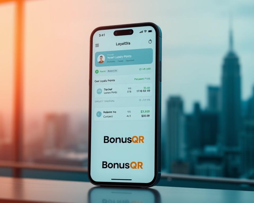 A sleek and modern mobile app interface with a focus on a digital loyalty program. In the foreground, a minimalist design showcases the BonusQR brand logo, prominently displayed. The middle ground features a clean and intuitive user interface, allowing users to easily track their loyalty points, redeem rewards, and engage with the program. The background subtly depicts a blurred city skyline, conveying a sense of urban sophistication. The overall aesthetic is sophisticated, visually appealing, and reflective of a cutting-edge digital loyalty solution. Soft, warm lighting casts a welcoming glow, and the composition is balanced, drawing the viewer's attention to the core functionality of the loyalty app.